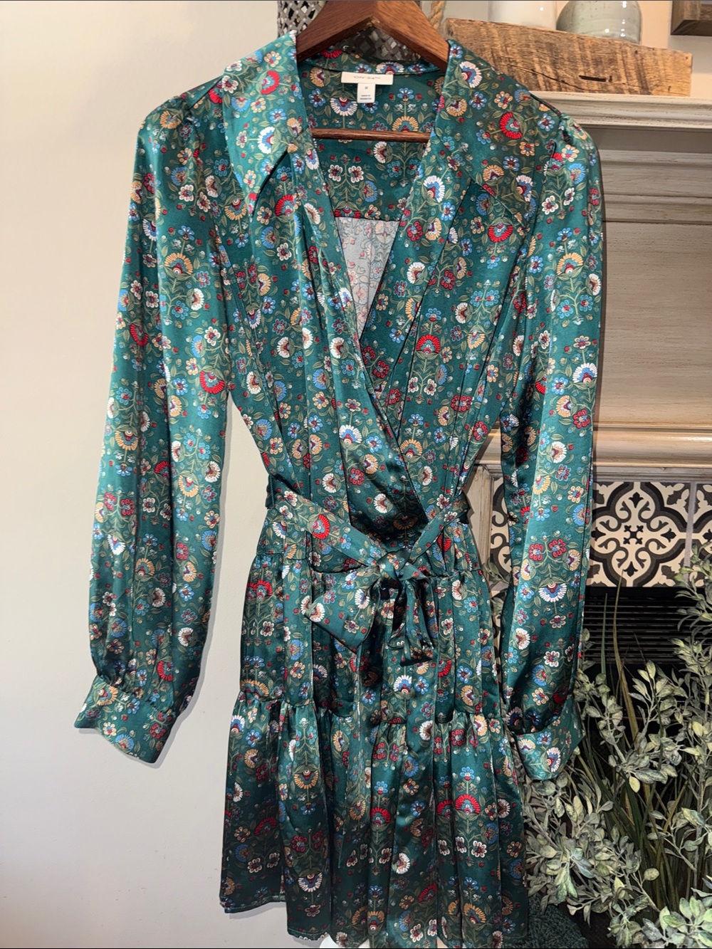 Emerald Floral Wrap Tiered Dress with Self-Tie Waist
